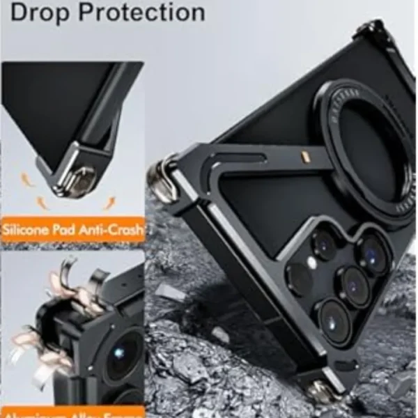 Z Shaped Metal MagSafe Bumper Case Galaxy S25 Ultra | Metal Case with Kickstand | Bare Feel Rimless Phone Cover