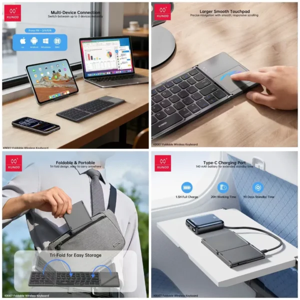 XUNDD Foldable Wireless Bluetooth Keyboard with Touchpad | Multiple Device Connection