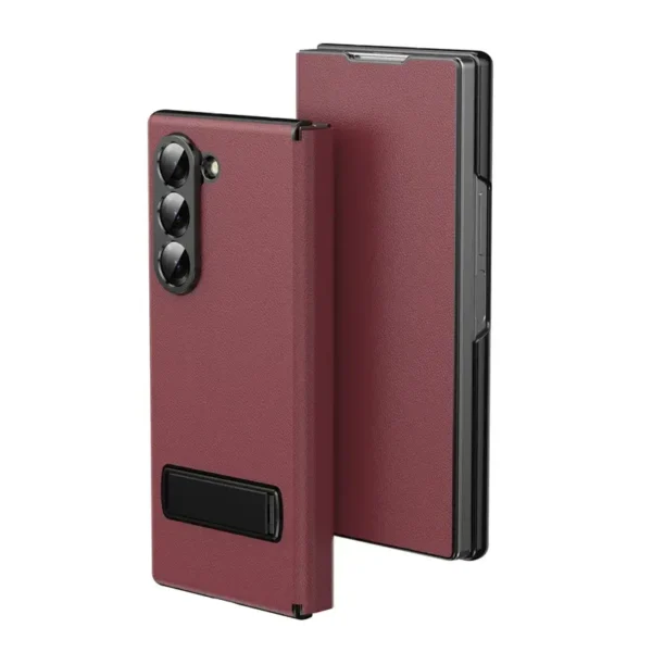 Samsung Galaxy Z Fold 6 Red Wine Leather Flip Back Case Cover with Built-in Kickstand