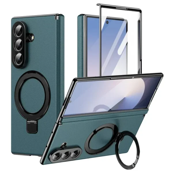 Samsung Galaxy Z Fold 8 Ultra Magnetic Case with Kickstand | PU Leather Coated PC Phone Cover | Tempered Glass Screen Protector