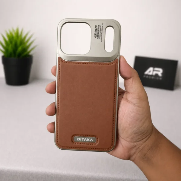 DIKATA Metal Frameless Aluminum Brown Leather Case for iPhone 17 Pro & 17 Pro Max | MagSafe Aroma Cover