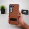 Samsung Galaxy Z Fold 5 Brown Leather Flip Case with Metal Stand