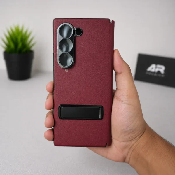 Samsung Galaxy Z Fold 6 Red Wine Leather Flip Back Case Cover with Built-in Kickstand