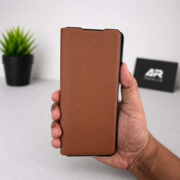 Samsung Galaxy Z Fold 5 Brown Leather Flip Case with Metal Stand